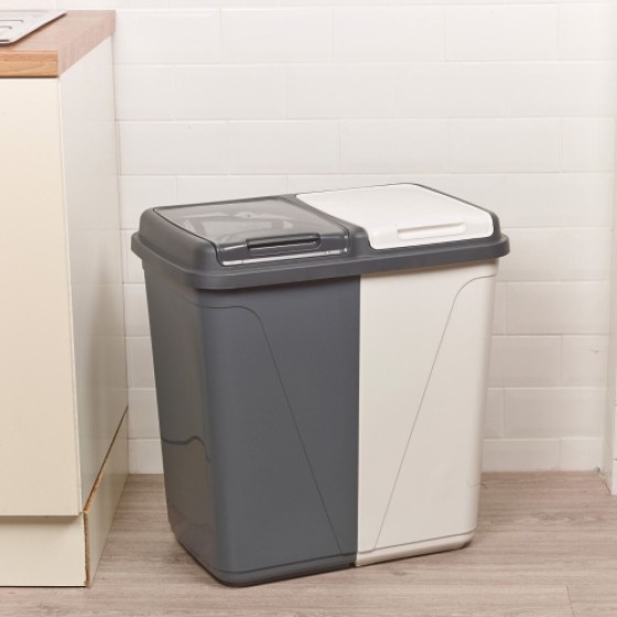 (90L - Grey White) 60/90L Double Compartment Kitchen Recycling and Laundry Bin, Under-Cabinet Trash Can